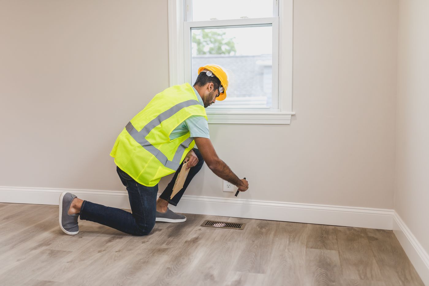 Inspector in safety gear examining a room for signs of moisture or mold